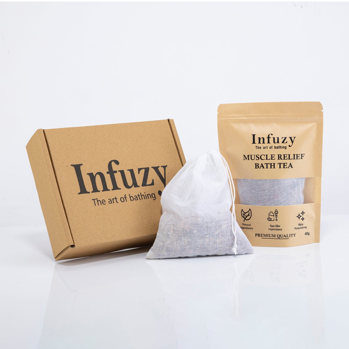 Infuzy muscle relief bath tea packaging on a white background