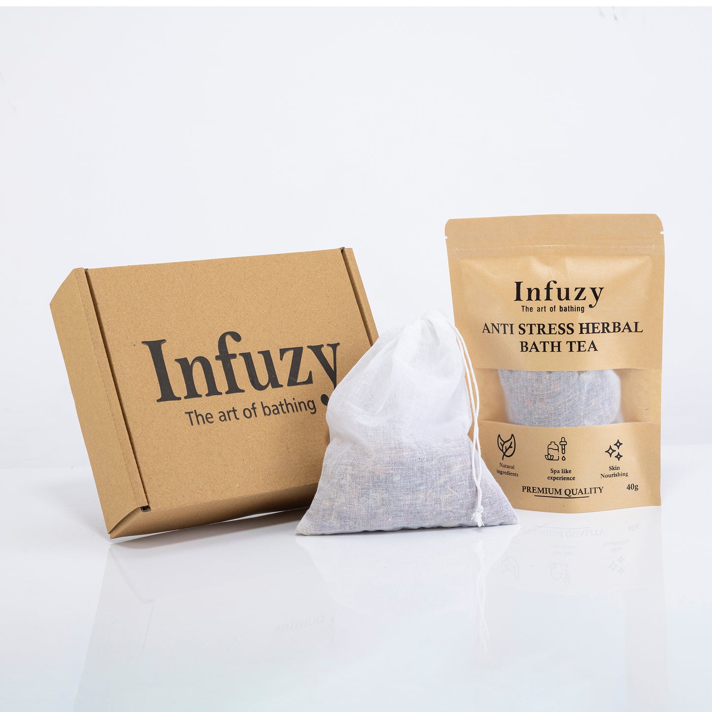 Infuzy anti stress herbal bath tea packaging on a white background