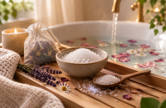 Natural Epsom salt with dried lavender and a herbal bath tea beside a relaxing warm bath