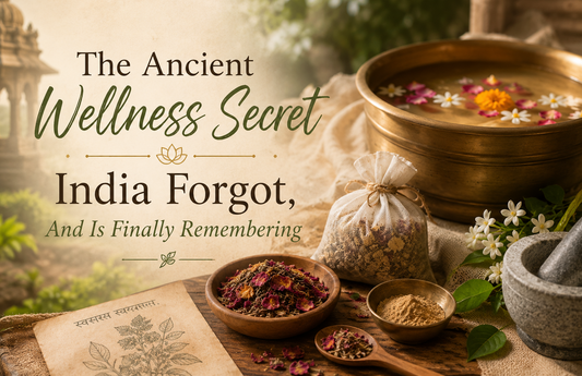 Ancient Indian wellness-inspired banner featuring herbal bath botanicals, a brass water bowl, Ayurvedic ingredients, and a botanical bath tea ritual