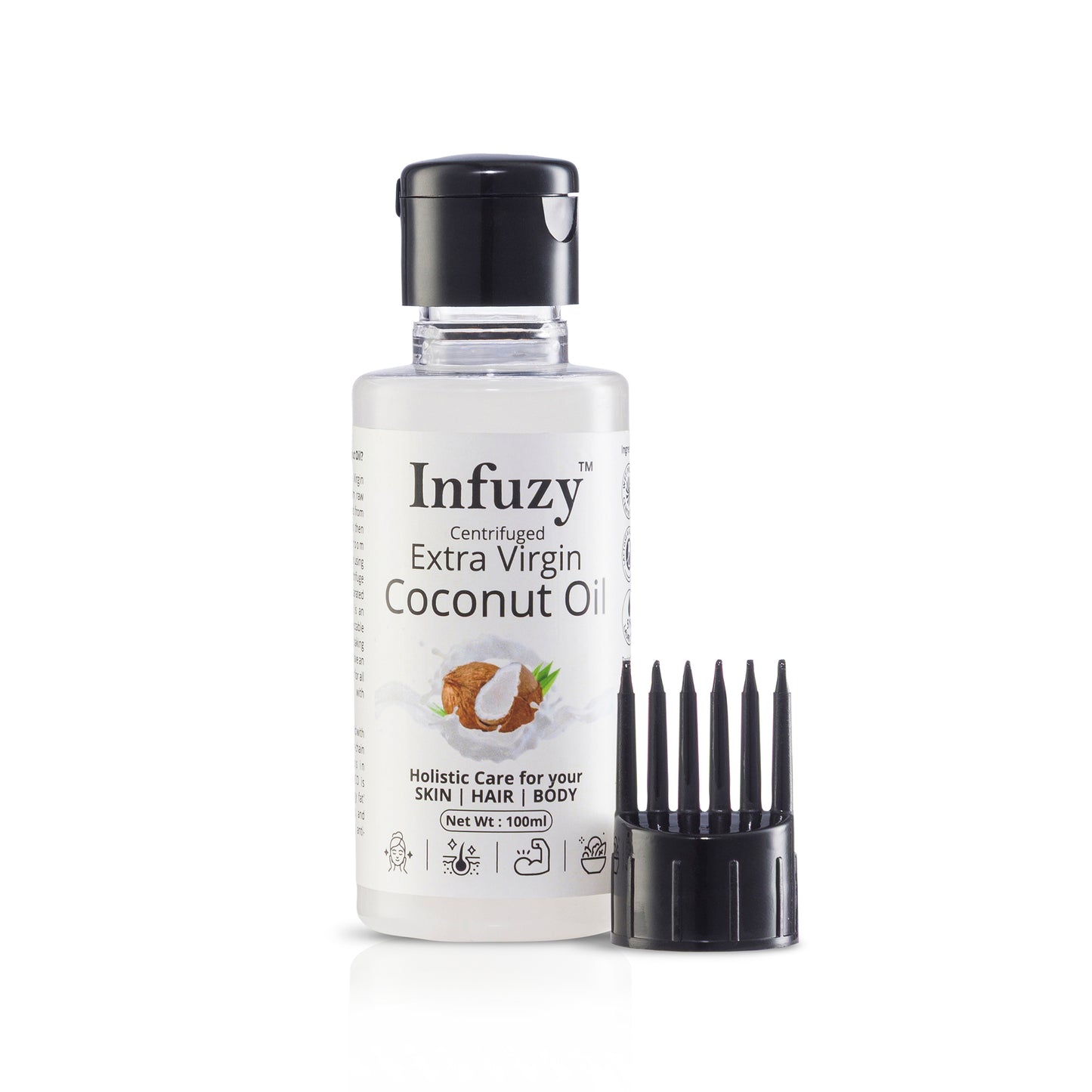 Infuzy Extra Virgin Coconut Oil bottle with a black cap on a white background