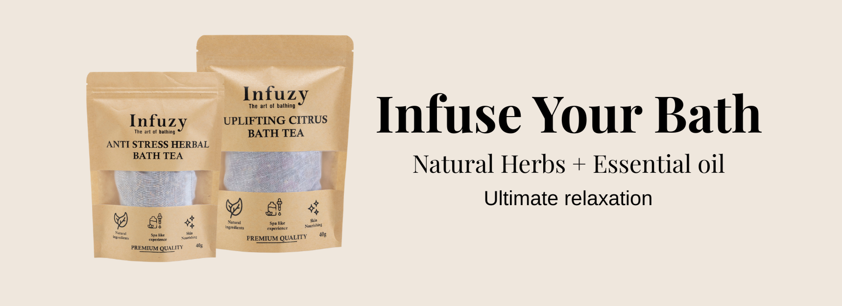 Two Infuzy bath tea packages with text on a beige background