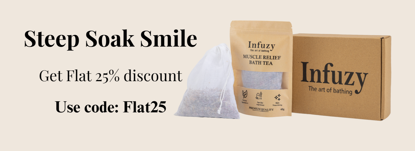 Infuzy tea packaging with a discount offer on a beige background