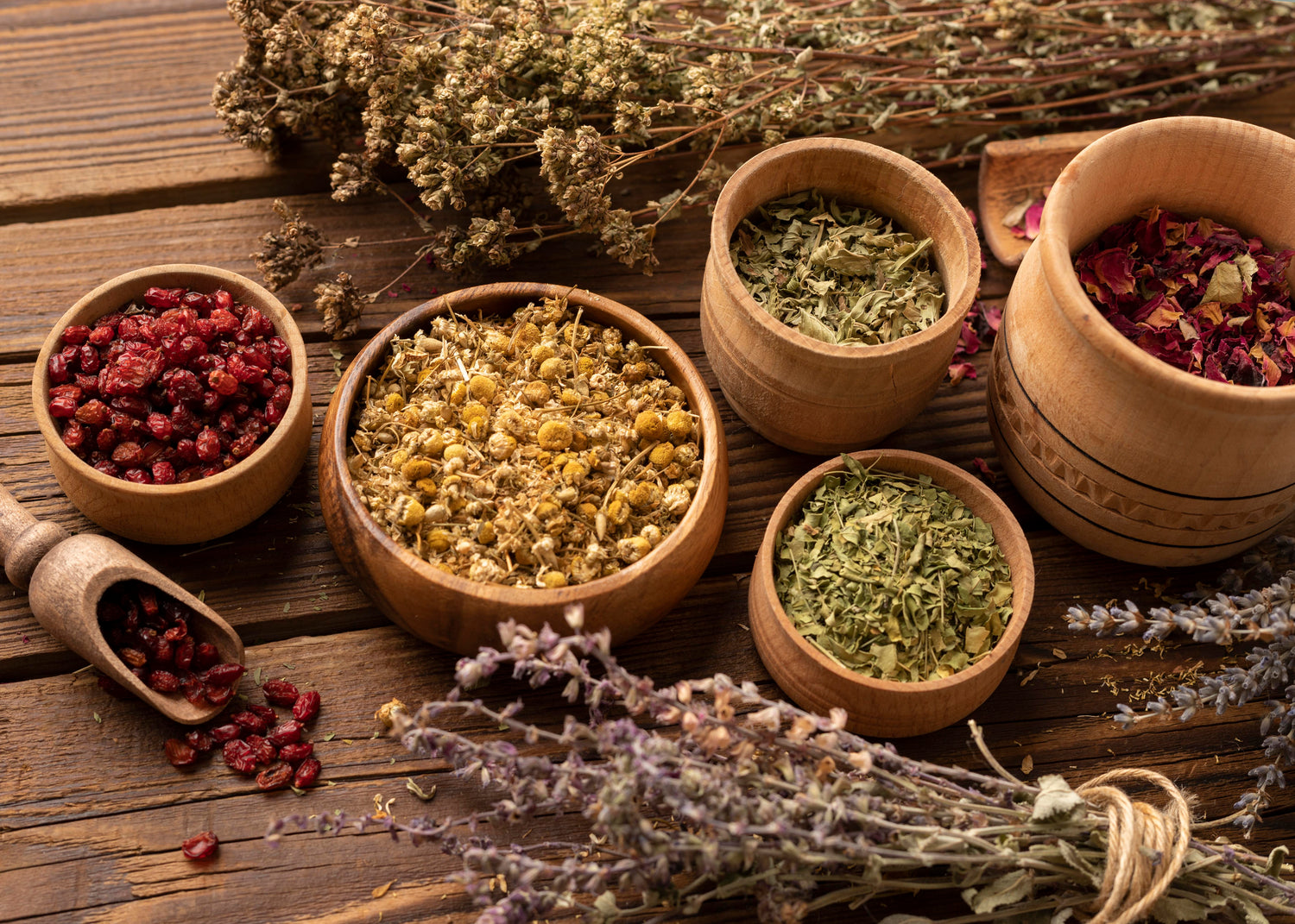 Wooden bowls filled with various dried herbs on a wooden surface