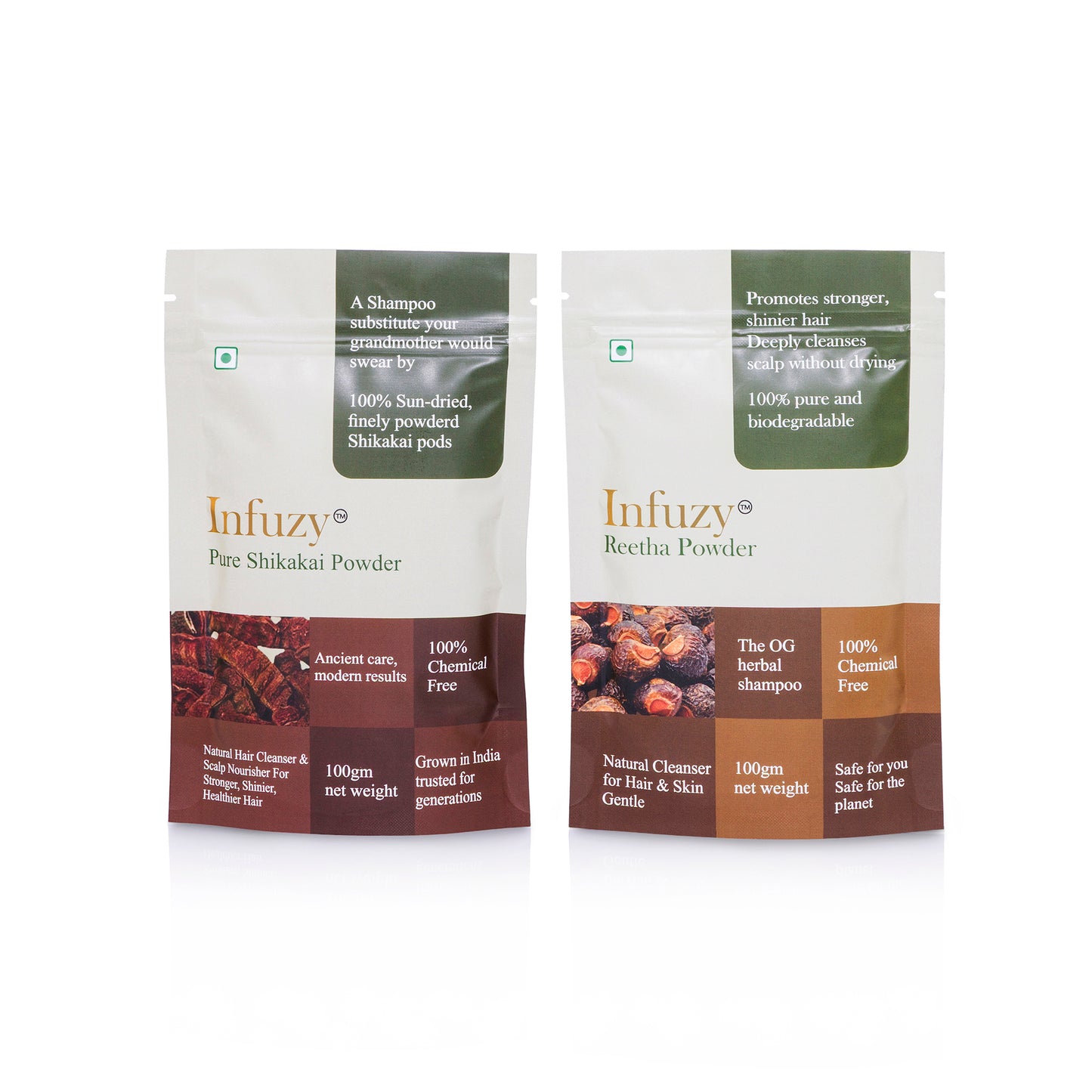 Two packages of Infuzy Pure Shikakai Powder on a white background