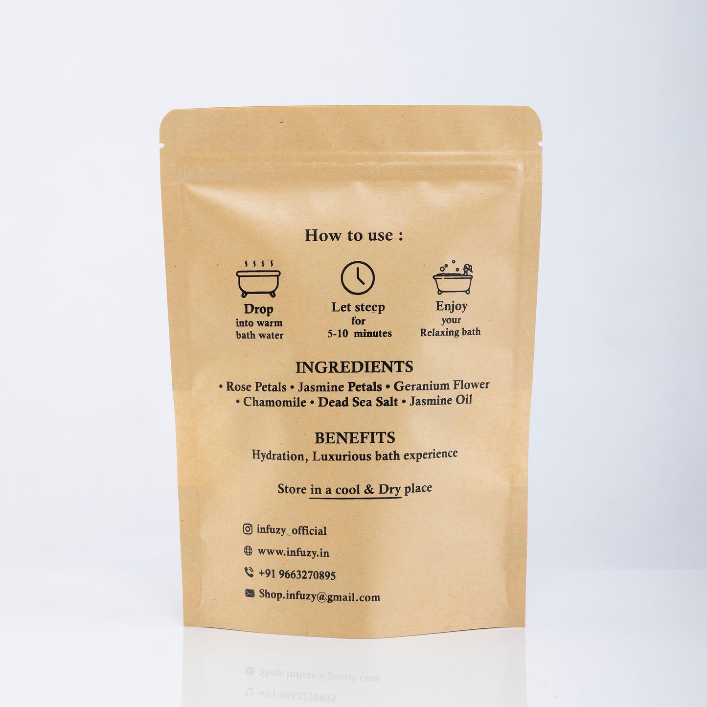 Bath salt packaging with usage instructions and ingredients listed on a white background