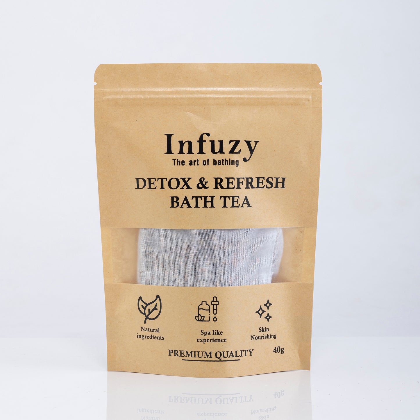 A package of Infuzy Detox & Refresh Bath Tea with a visible tea bag through a clear window, labeled as premium quality and 45g in weight.