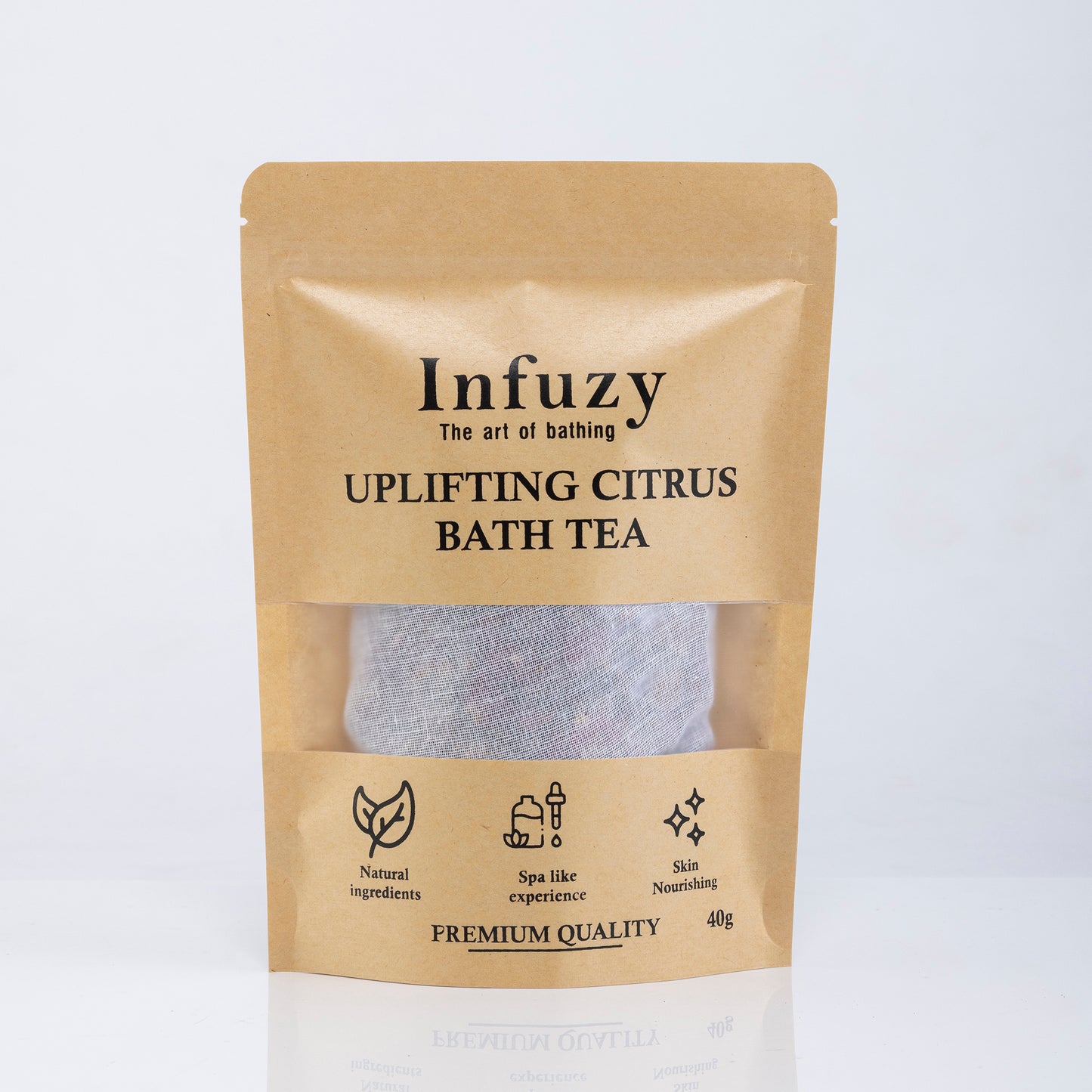 Infuzy uplifting citrus bath tea package on a light gray background