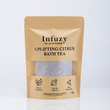 Infuzy uplifting citrus bath tea package on a light gray background