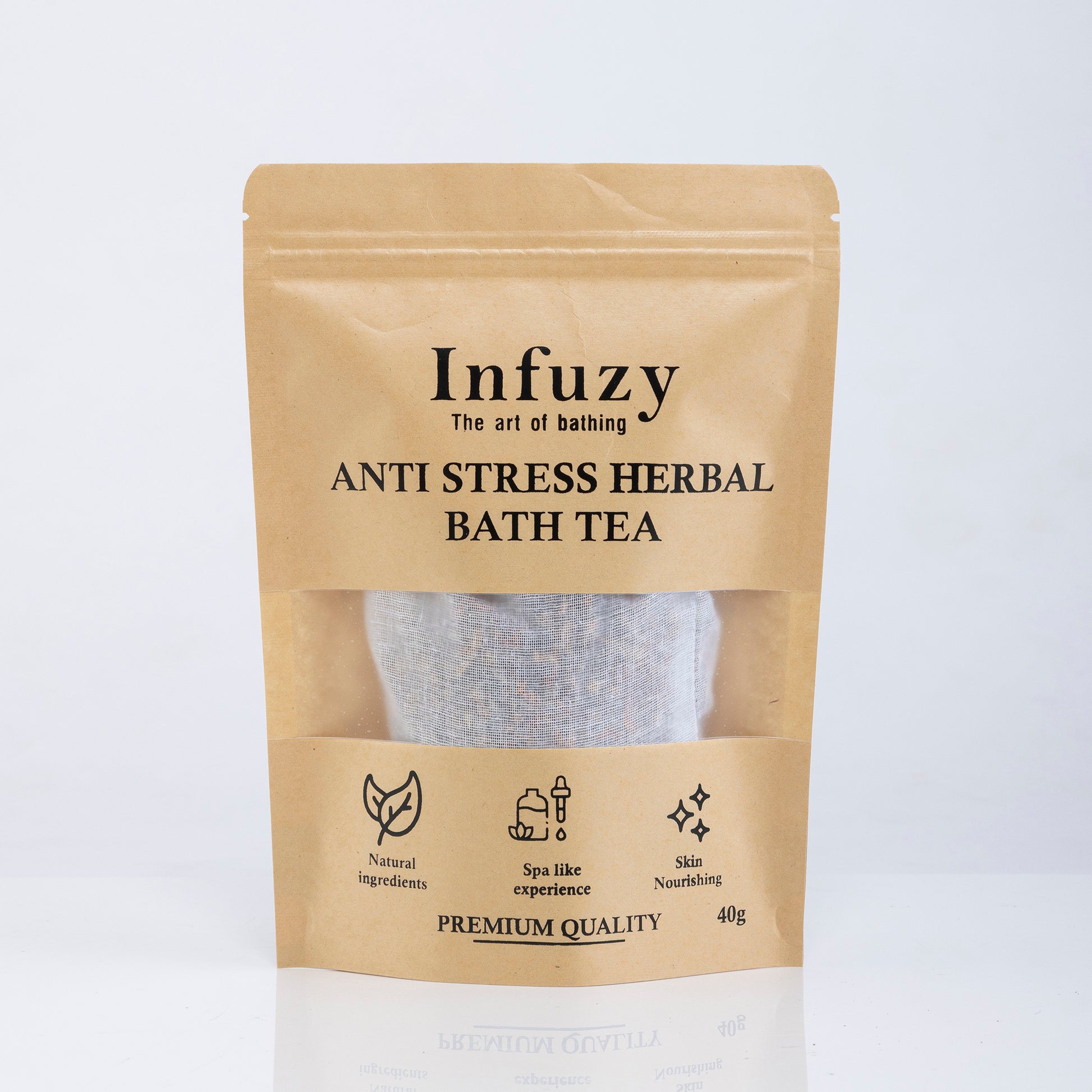 Infuzy Anti Stress Herbal Bath Tea package on a white background