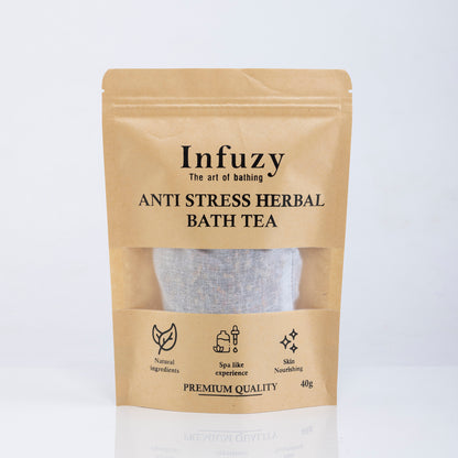 Infuzy Anti Stress Herbal Bath Tea package on a white background