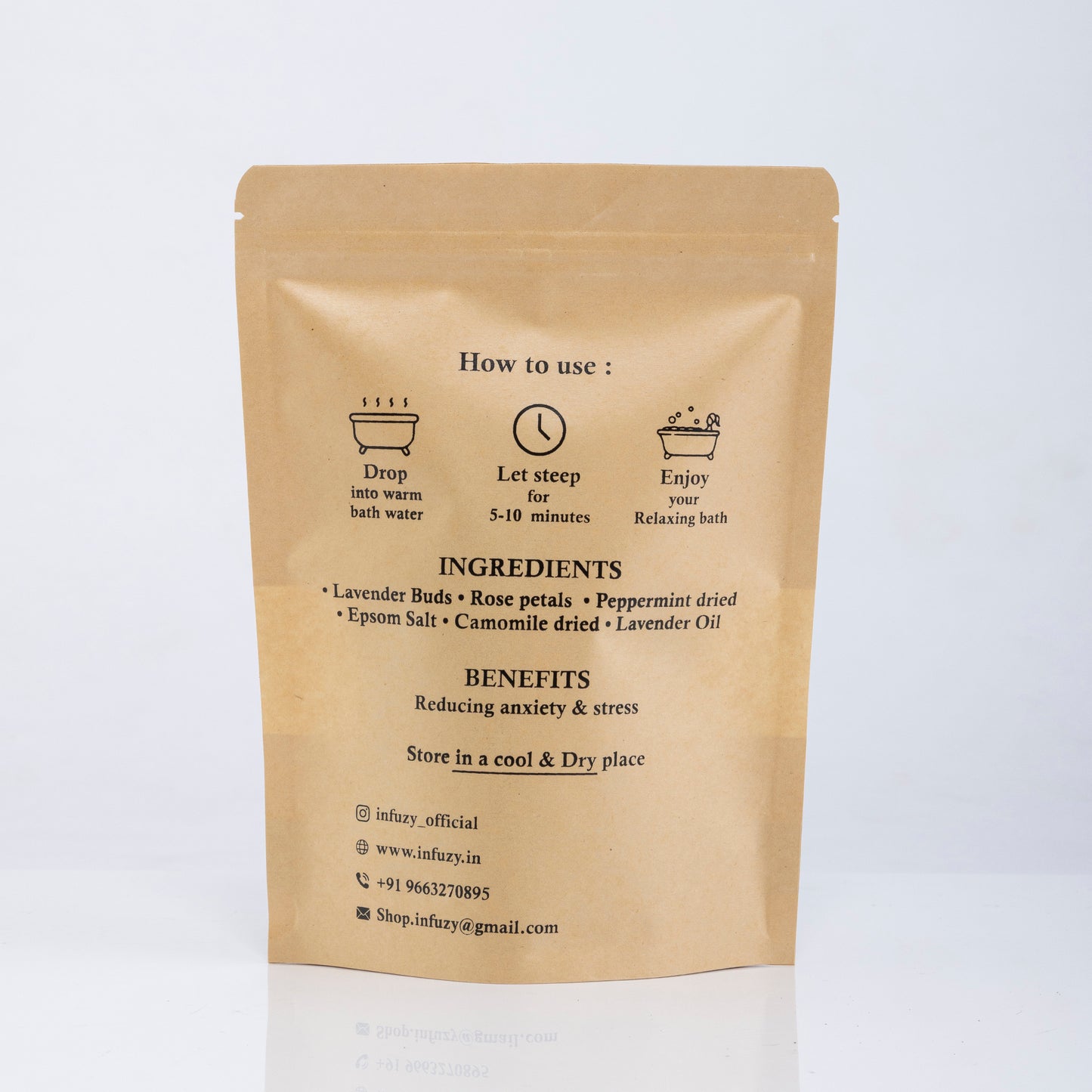 Kraft paper packaging with text and icons for using a bath product on a white background