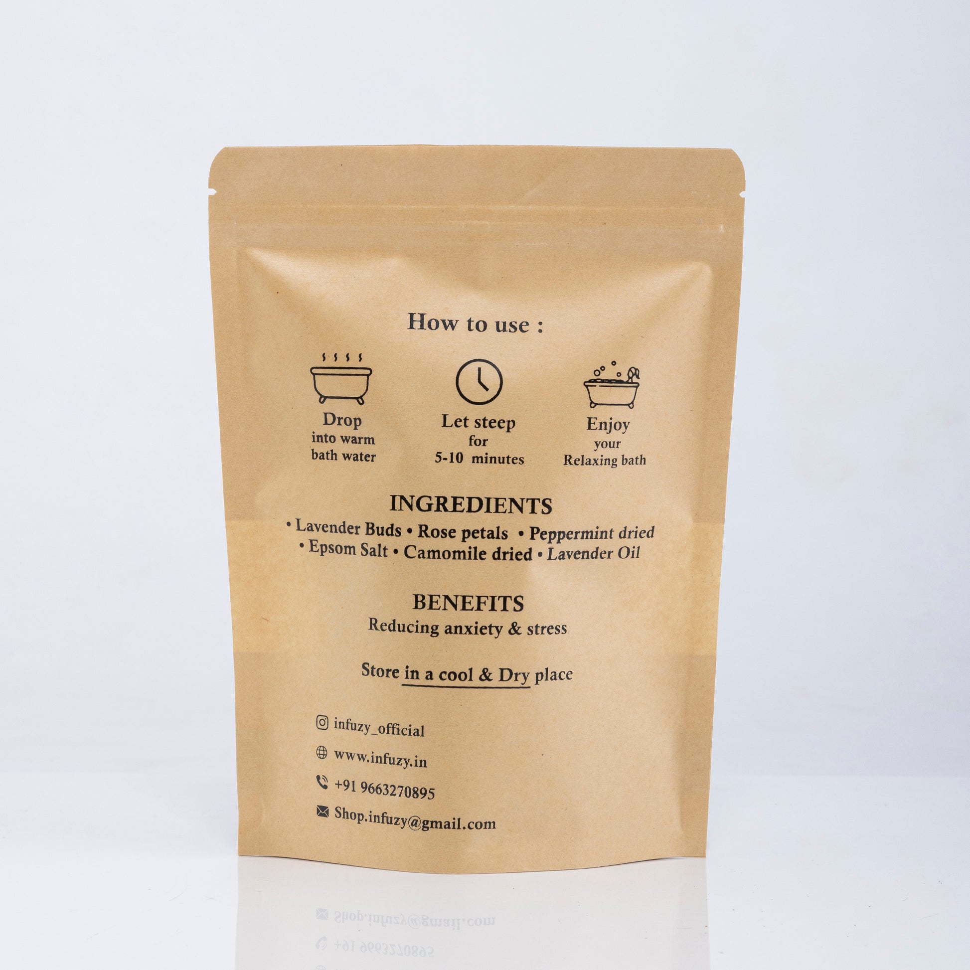Kraft paper packaging with text and icons for using a bath product on a white background