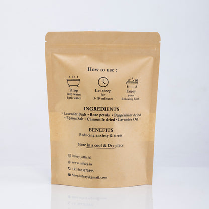 Kraft paper packaging with text and icons for using a bath product on a white background
