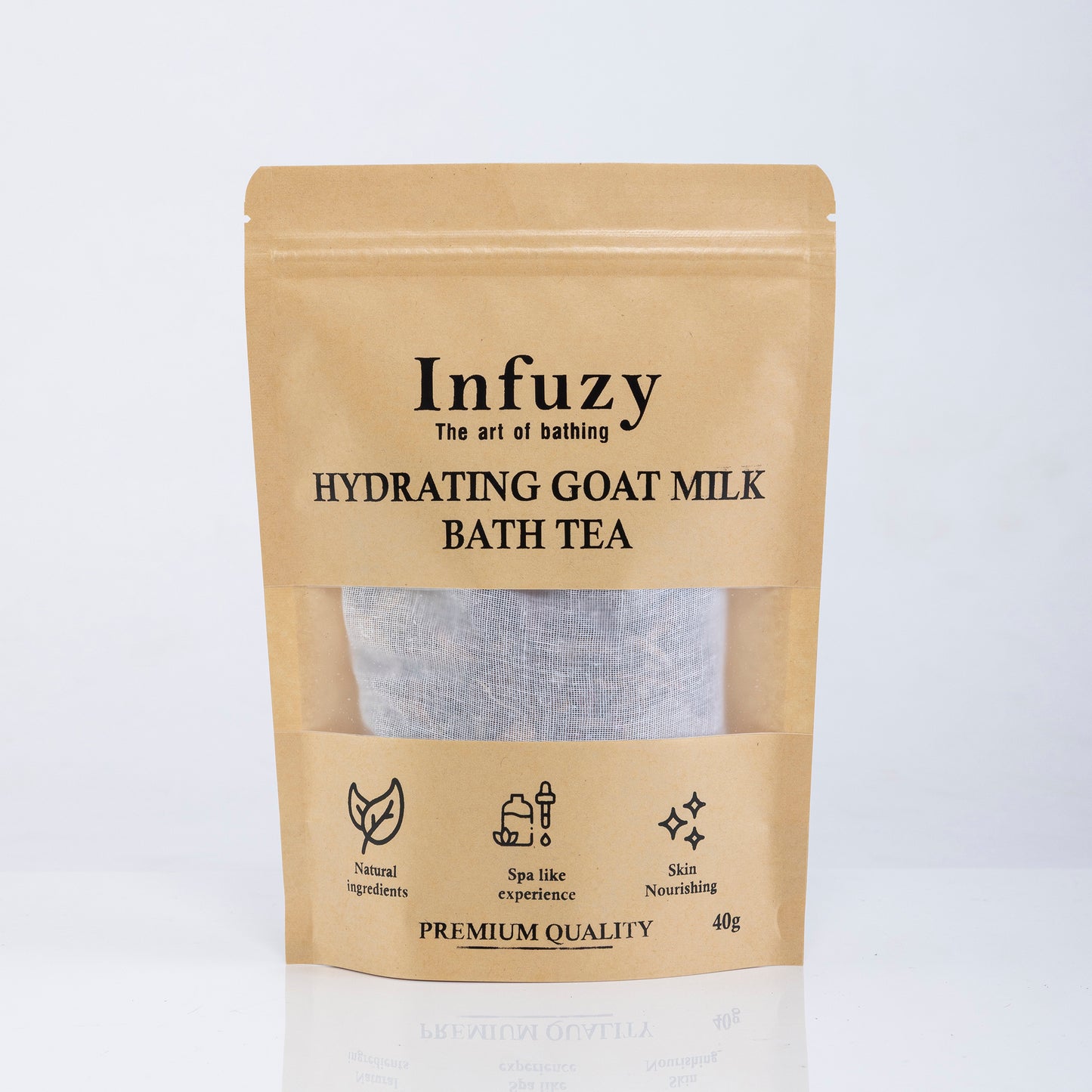 Infuzy hydrating goat milk bath tea package on a white background