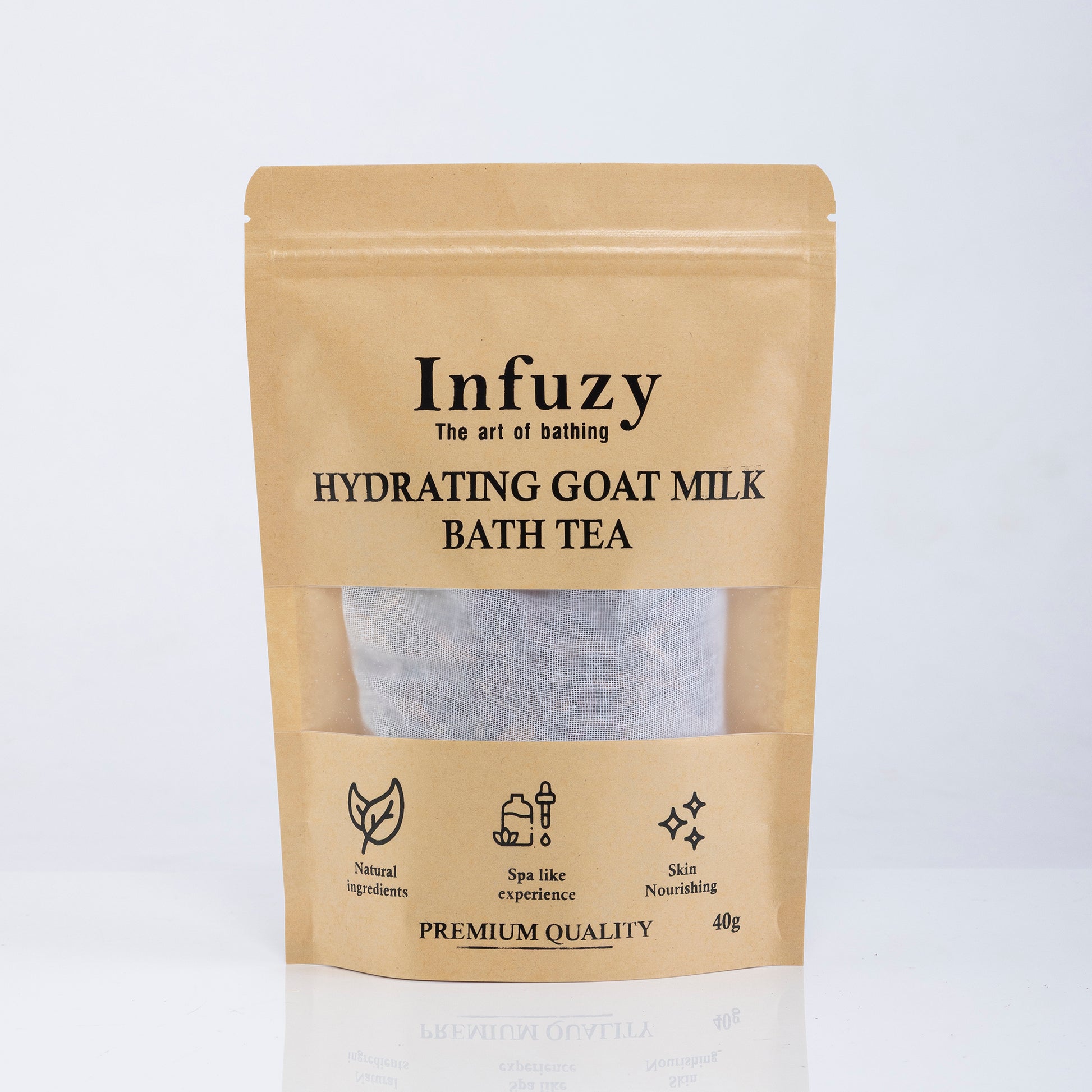 Infuzy hydrating goat milk bath tea package on a white background