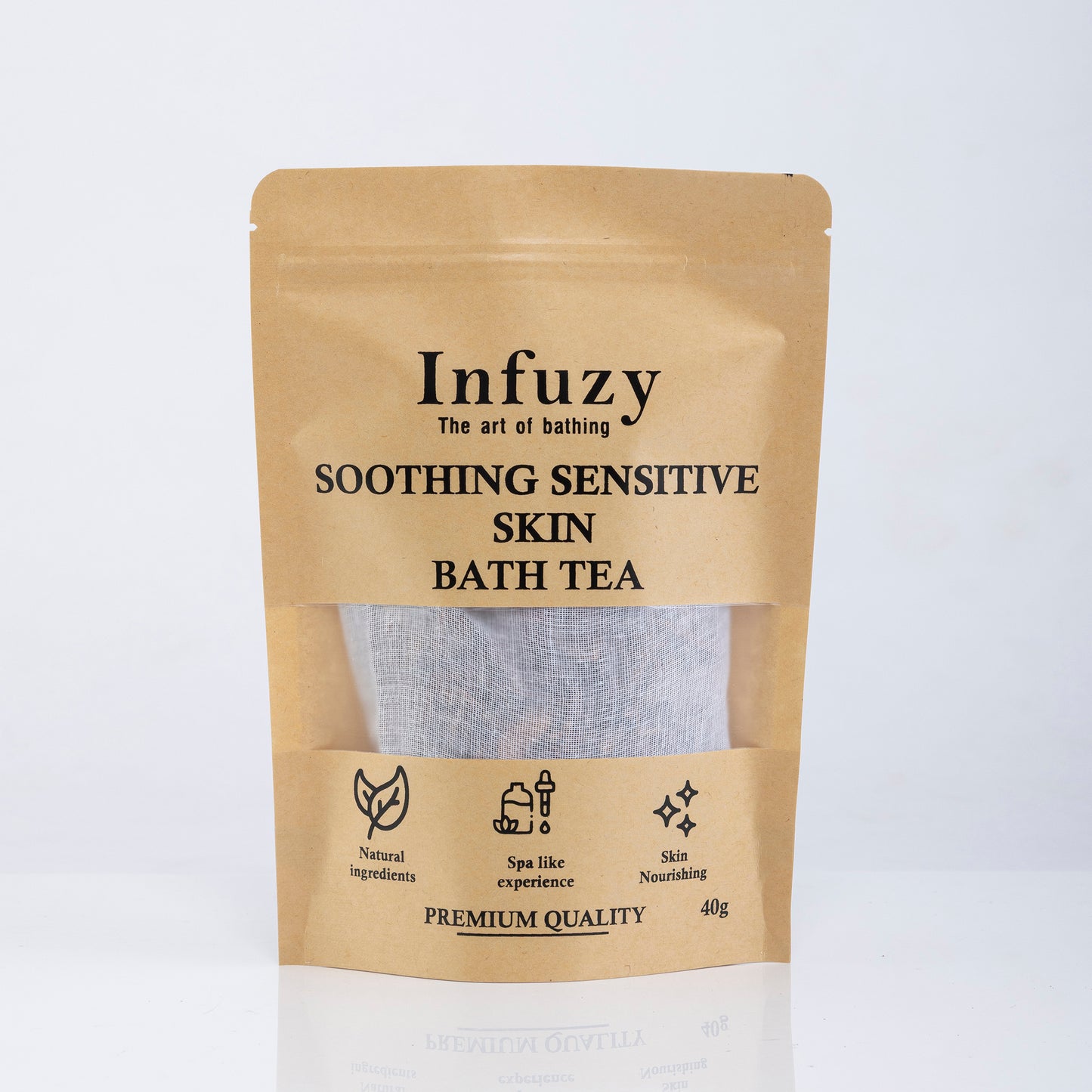 Infuzy soothing sensitive skin bath tea package on a white background