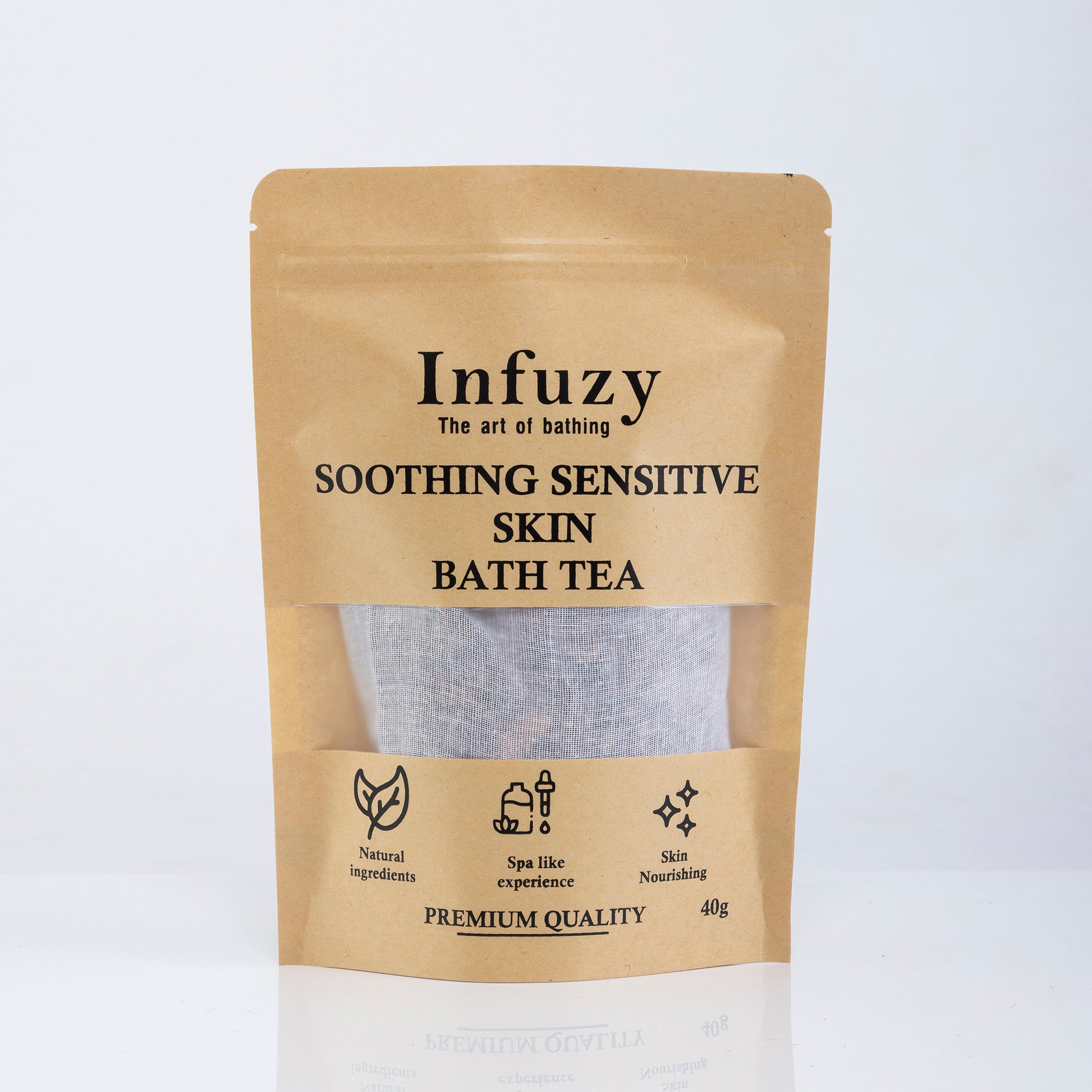 Infuzy soothing sensitive skin bath tea package on a white background