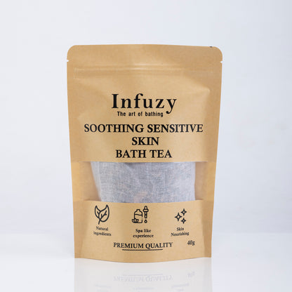 Infuzy soothing sensitive skin bath tea package on a white background