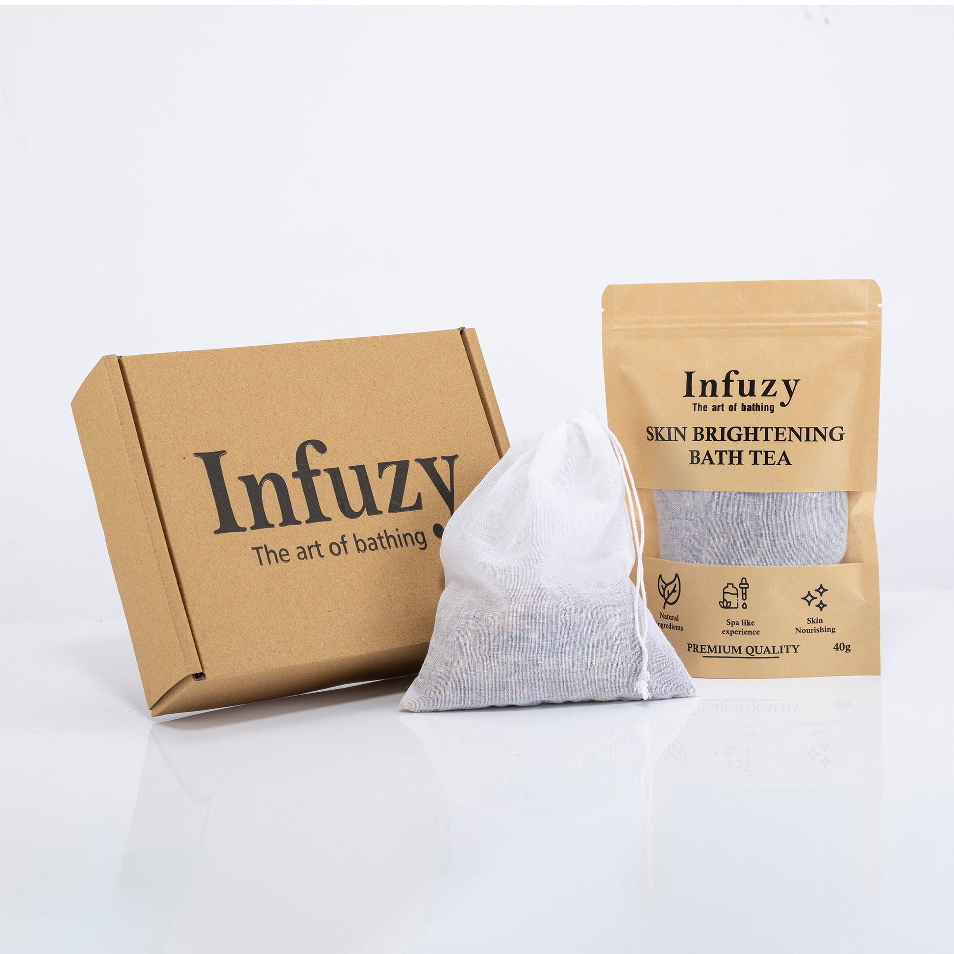Infuzy skin brightening bath tea packaging on a white background