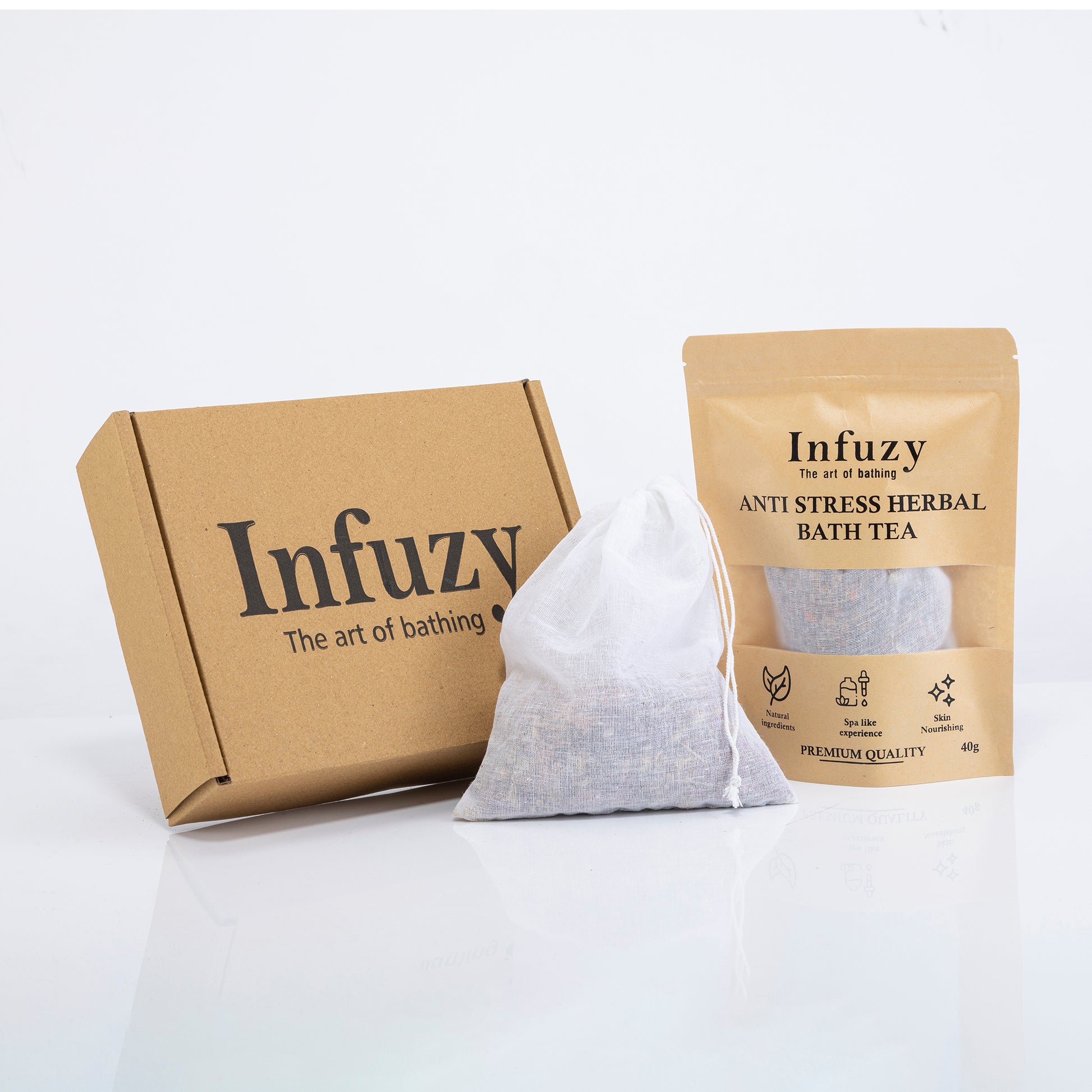 Infuzy anti stress herbal bath tea packaging on a white background