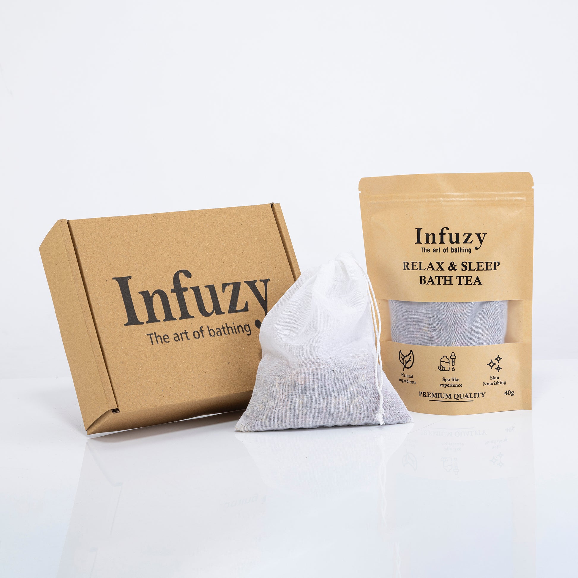 Infuzy relax and sleep bath tea packaging on a white background