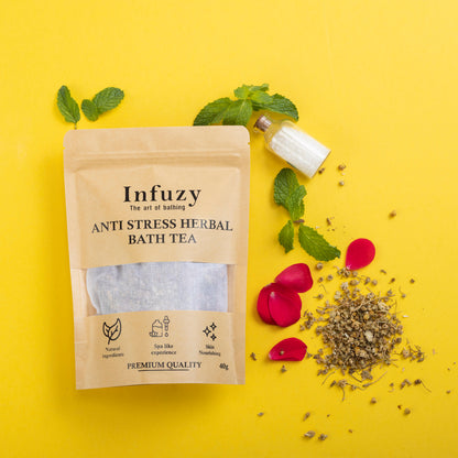 Packaging of Anti-Stress Herbal Bath Tea with visible ingredients such as dried lavender, chamomile, and peppermint, presented on a yellow background with mint leaves and rose petals scattered around.