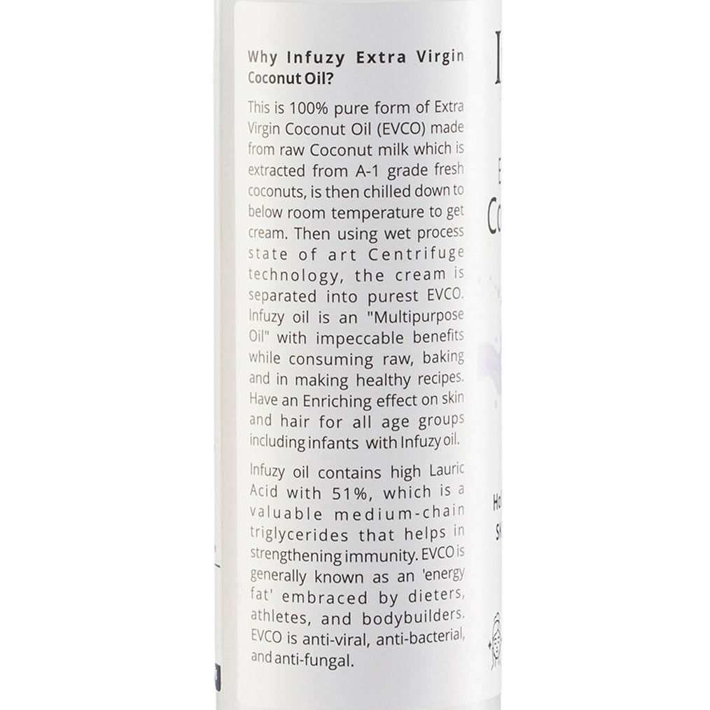 Bottle of coconut oil with a white label on a white background